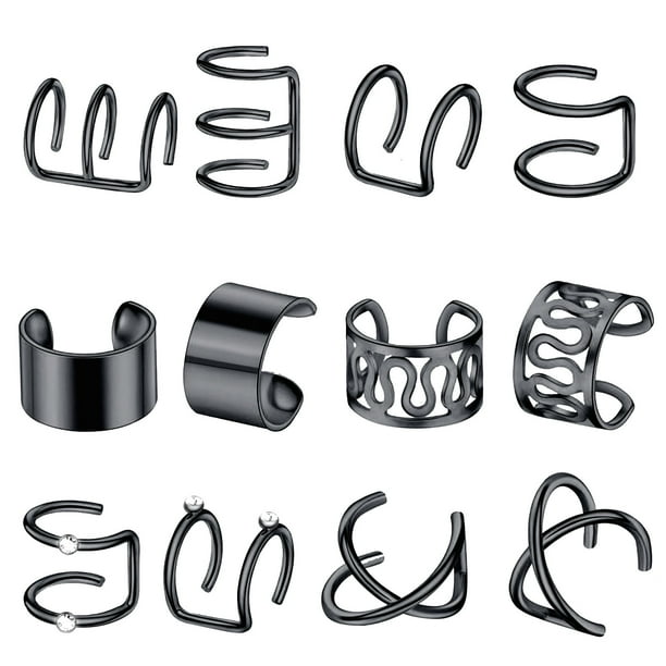 Fiudx Juego de Aretes Punk, Aros Hechos a Mano, Sin Perforar, Talla Ajustable, Estilo Único, Ideal para Fiestas, Bodas, Uso Diario, Dorado, Plateado y Negro, Regalo para Hombre y Mujer.