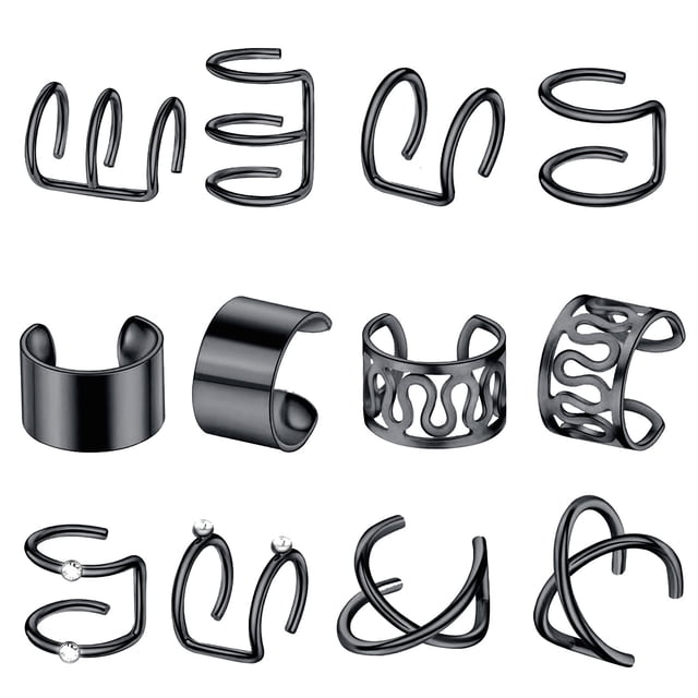Fiudx Juego de Aretes Punk, Aros Hechos a Mano, Sin Perforar, Talla Ajustable, Estilo Único, Ideal para Fiestas, Bodas, Uso Diario, Dorado, Plateado y Negro, Regalo para Hombre y Mujer.