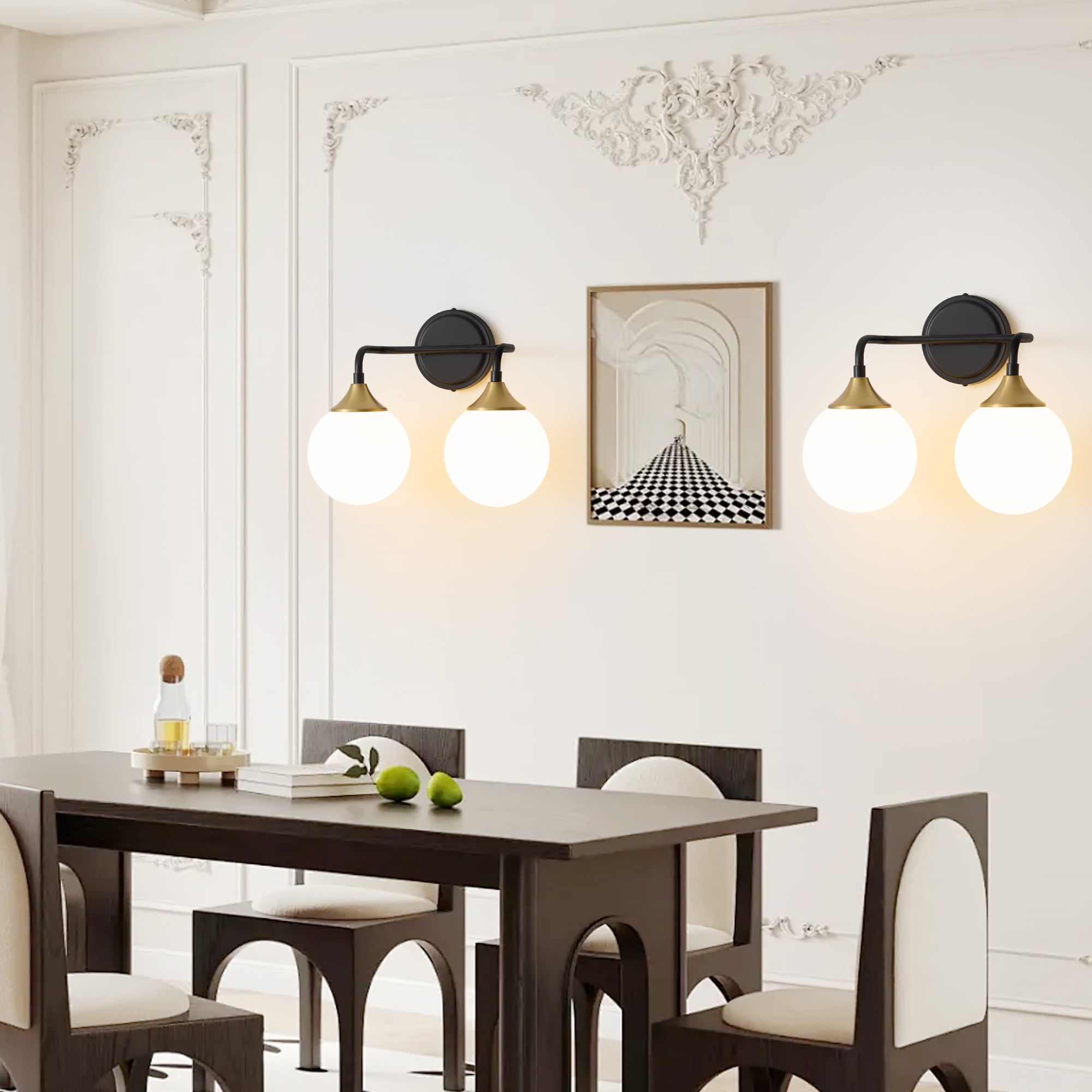 Deyidn 2-Light Black and Gold Modern Vanity Light, 14 Inch Dimmable Bathroom Light Fixture with Opal Glass Globes for Mirror
