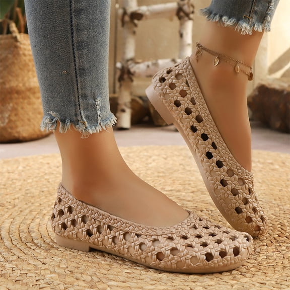 Willtoo Woven Mesh Ballet Flats for Women Mary Jane Flat Round Toe Slip On Woven Hollow Beach Ballerina Flats