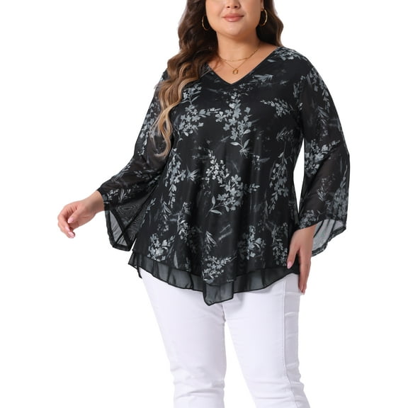 Agnes Orinda Women's Plus Size Dressy Blouse V Neck Mesh Casual Flowy Work Shirts 3/4 Flared Sleeve Tunic Tops 1X Black