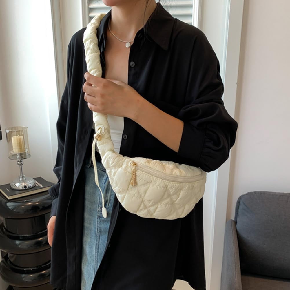 CAILDANL Quilted Crossbody Sling Bag Puffer Crossbody Fanny Pack Waist Bag Nylon Puffy Shoulder Bag Quilted Padding Crossbody Purse for Women