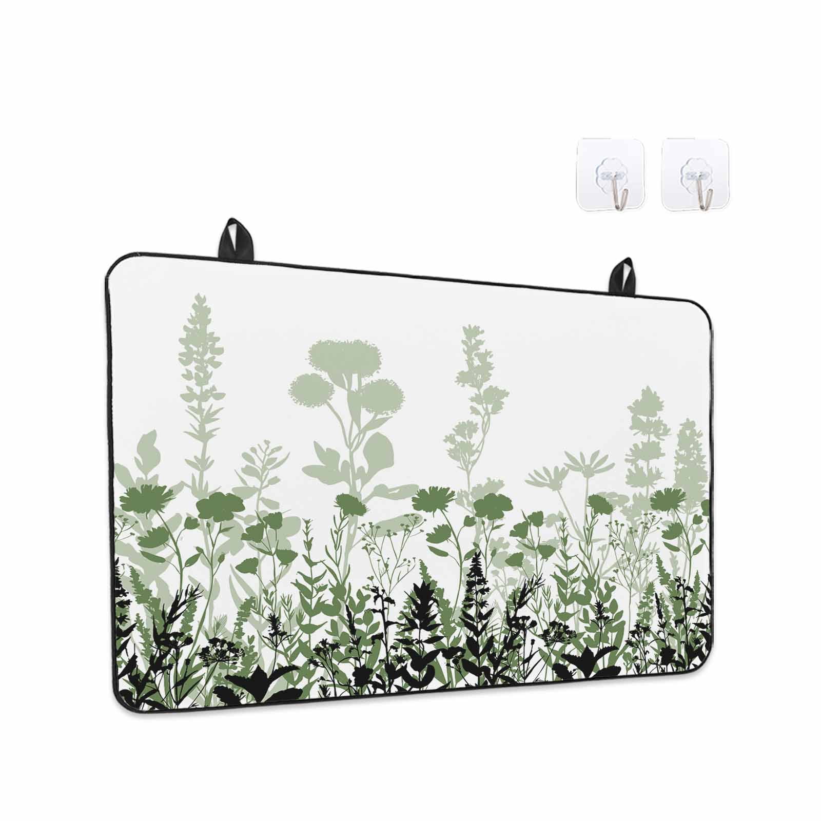 Green Floral Stove Top Cover for Electric Stove, Heat-proof & Non Slip Glass Top Stove Cover Protector, Spring Flowers Herb Silhouette Farmhouse Kitchen Flat Cooktop Rubber Mat 24x21 Inches