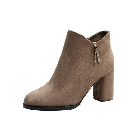 

Zodanni Womens Comfort Booties Formal Chunky Heel Short Boot Breathable Casual Side Zip Khaki 4.5