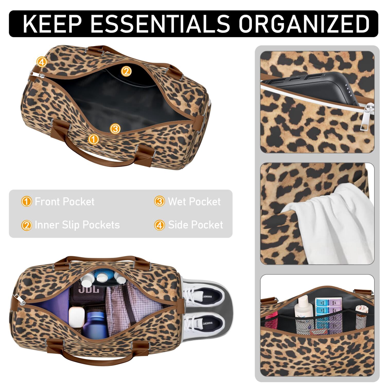 Leopard Womens Gym Tote Duffle Bag with Wet Pocket & Shoe Compartment, Checkered Travel Duffel Bag Overnight Weekender Hospital Tote Girls Workout Carry on Bag with Luggage Sleeve