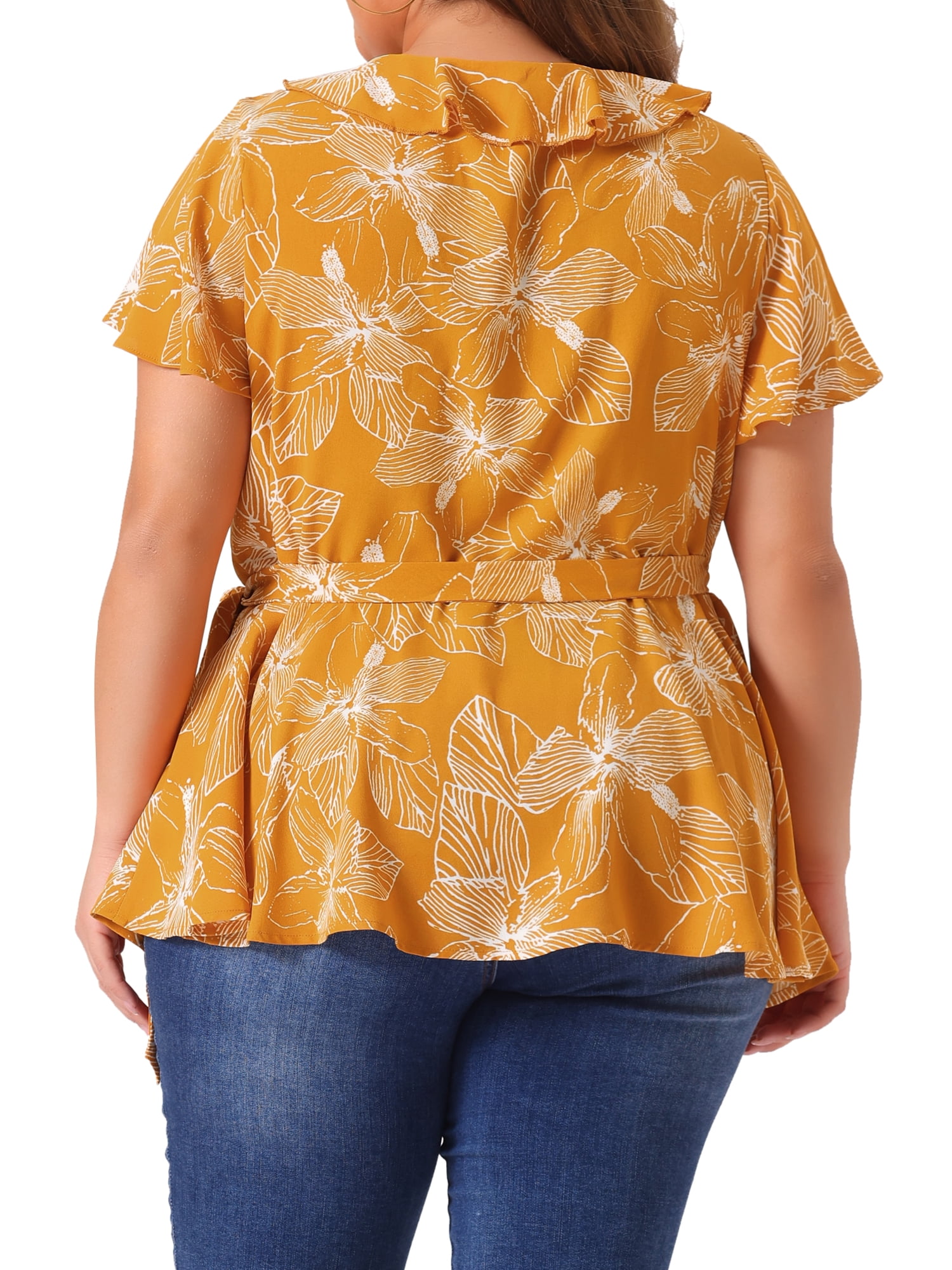 DARING DIVA Women's Plus Wrap V Neck Tie Waist Ruffle Sleeve Blouse 2X Yellow