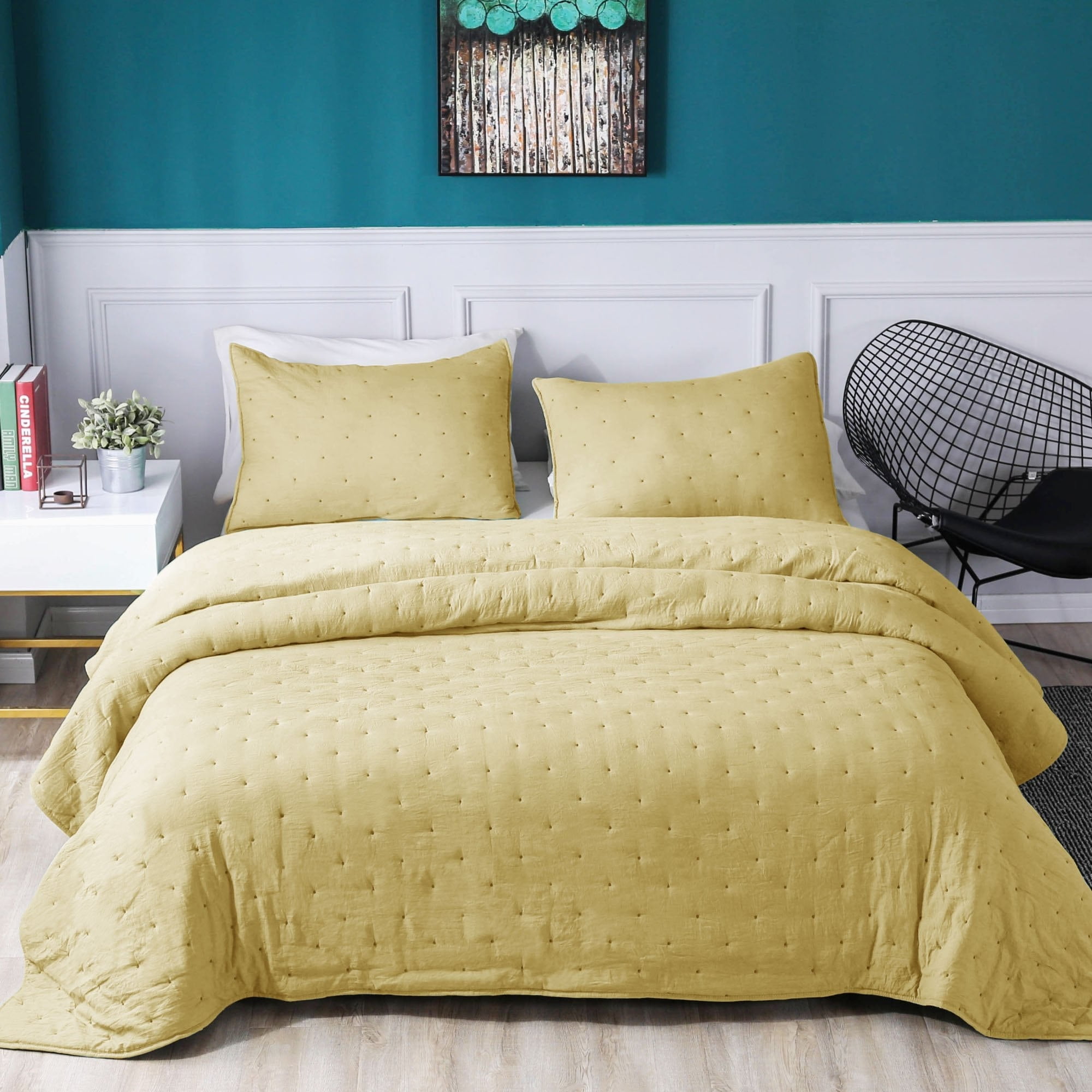 Kasentex  3-Piece Quilt Set Ultra Soft Microfiber Stone-Washed Lightweight All Season Yellow Queen
