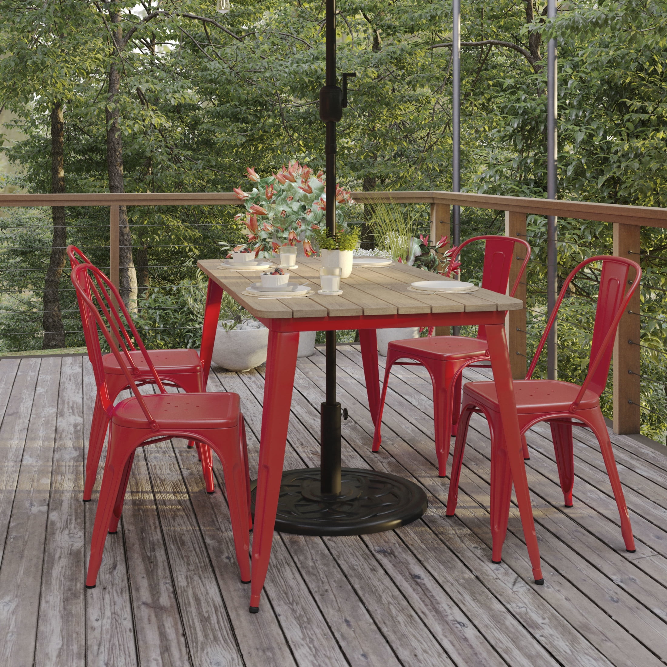 Flash Furniture Declan Commercial Indoor/Outdoor Dining Table with Umbrella Hole, 30" x 60" All Weather Brown Poly Resin Top and Red Steel Base