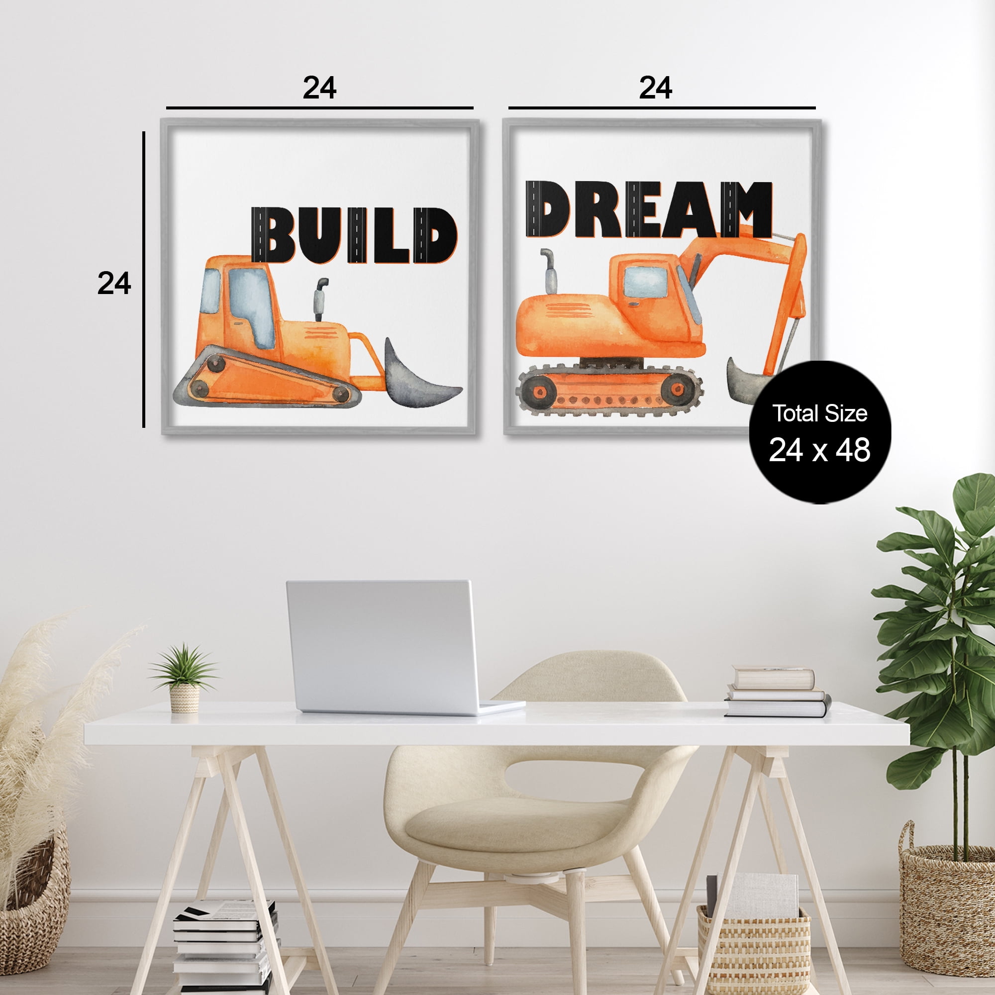 Build & Dream Construction Vehicles 2 Piece Gray Framed Giclee Art Set, design by Kim Allen