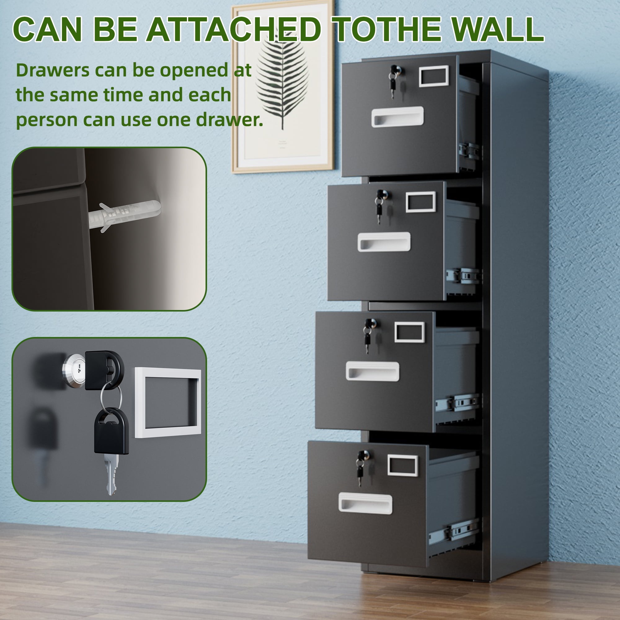 HUAXRON 4 Drawer Locking Metal Vertical File Cabinet with 4 Individual Locks and Hanging Folders for Office, School, Home, Assemble Required (Black)