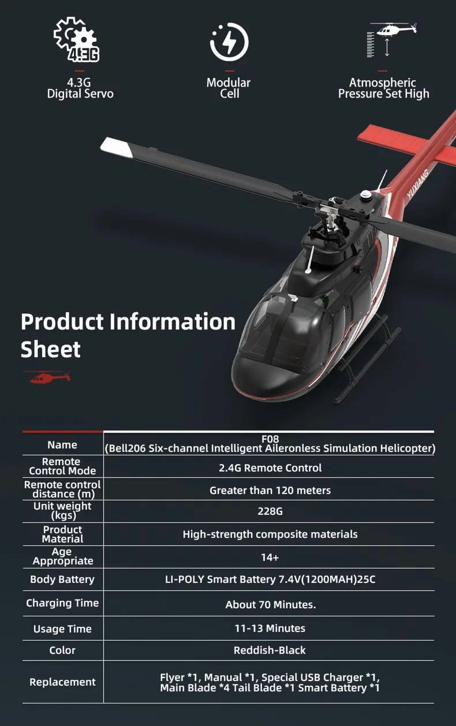YUXIANG F08 Bell 206 Remote Control Helicopter for Adults, 1/27 Scale 2.4G 6CH Brushless Direct-Drive 3D/6G RC Helicopter with 6-Axis Gyroscope, Altitude Hovering & Optical Flow Positioning - RTF