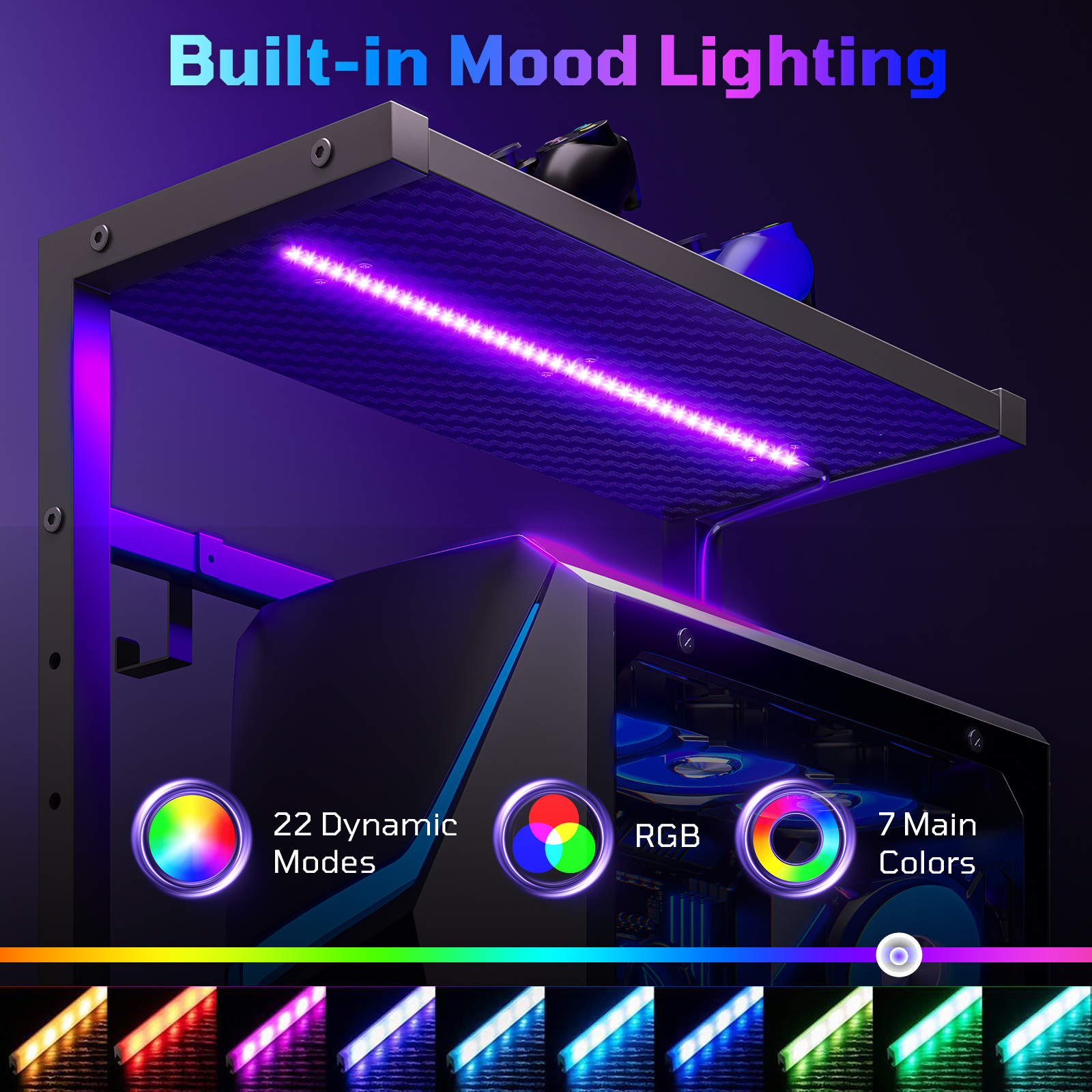 Bestier 44" Gaming Desk with LED Lights and Reversible Shelves photo 2