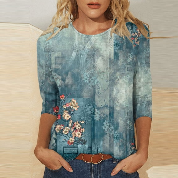 Babysbule Womens Tops Long Sleeve Women's Fashion Printed Loose T-shirt 3/4 Sleeves Blouse Round Neck Casual Tops