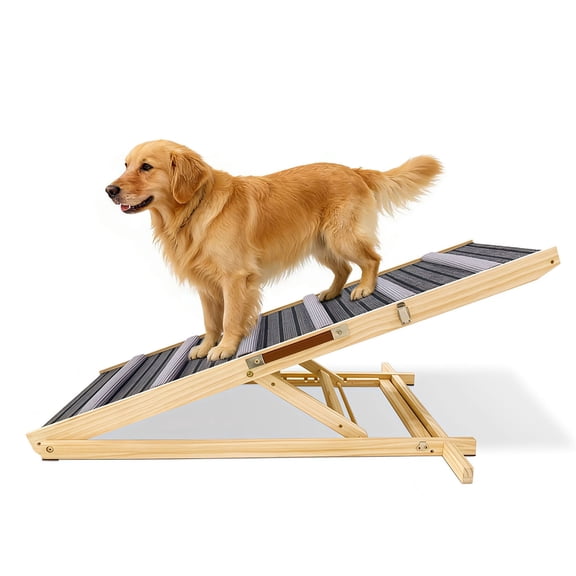 S-HOME Upgraded Pet Ramp For Dogs Natural Wood, Portable Adjustable 6 Heights,Adjustable Height 14'' to 25'', Non-Slip Steps For Access
