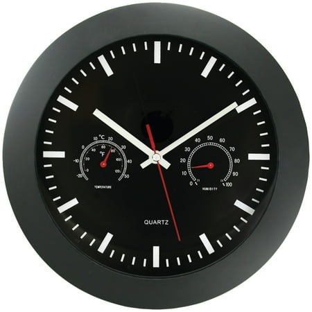 Timekeeper Round Wallclock with Black Frame and Temperature/Barometric Gauges, 12-Inch