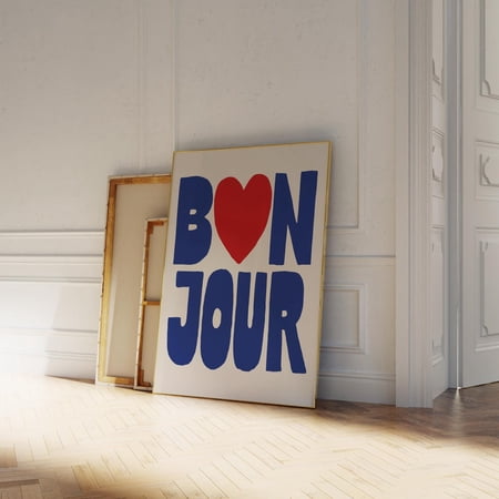 Bonjour Sign Red & Blue Wall Art, Retro Wall Art Print Trendy French Quote Printable, French Print 18X24, 24X36, 50X70, Oversized Art Wall Art, Modern Wall Decor, 8x12 UNFRAMED