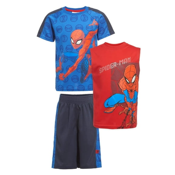Marvel Avengers Boys Superhero Short Sleeve T-Shirt, Tank Top and Mesh Shorts Set (Blue/Red, 5-6)