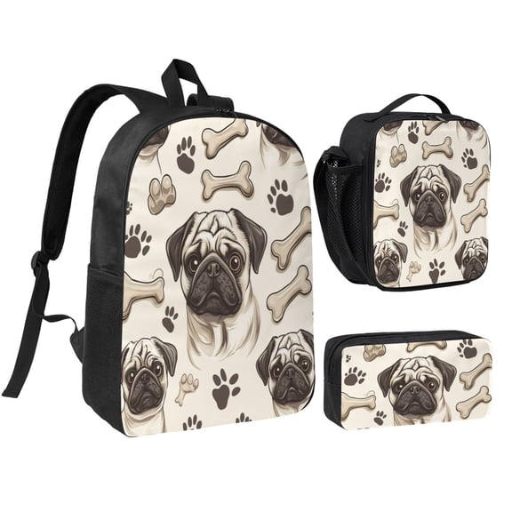 Cute Pug Dog Printed Backpack 17 Inch Set with Lunch Bag and CaseDurableTravel Bag Combo for Work Commuting Daily Use
