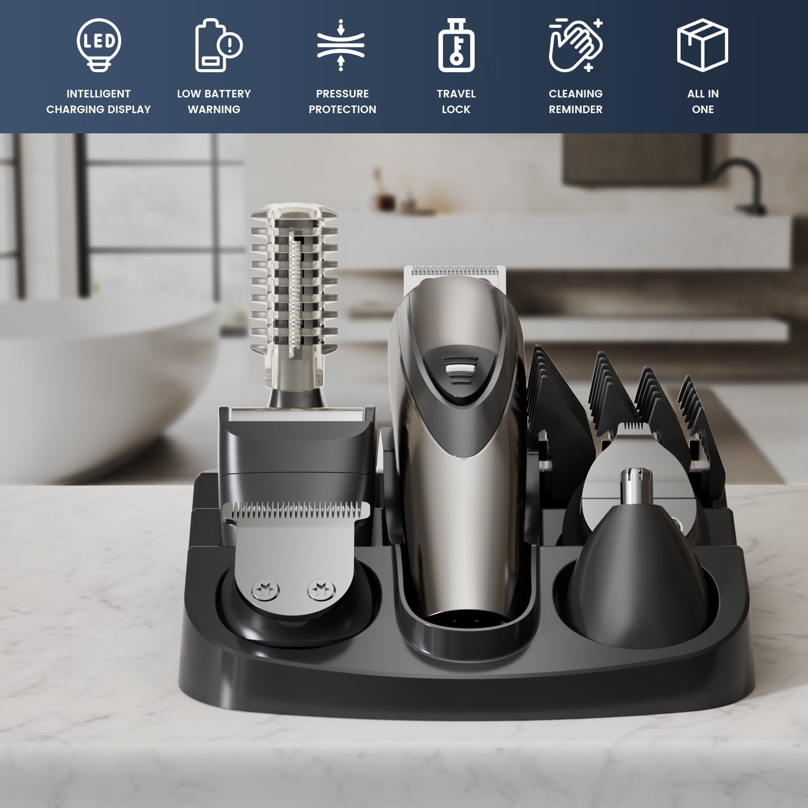 Nogroa Hair Trimmer for Men, Cordless Hair Clippers with Safety Lock, All in One Mens Grooming Kit for Face, Mustache, Nose and Body, Waterproof Rechargeable Beard Trimmer, Gifts for Husband Father