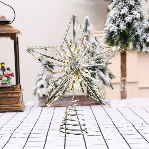 Estrella de juego para árbol de Navidad con 10 luces LED de color blanco cálido, iluminada en la parte superior del árbol de Navidad, color plateado Estrella de juego para árbol de Navidad con 10 luces LED de color blanco cálido, iluminada en la parte superior del árbol de Navidad, color plateado