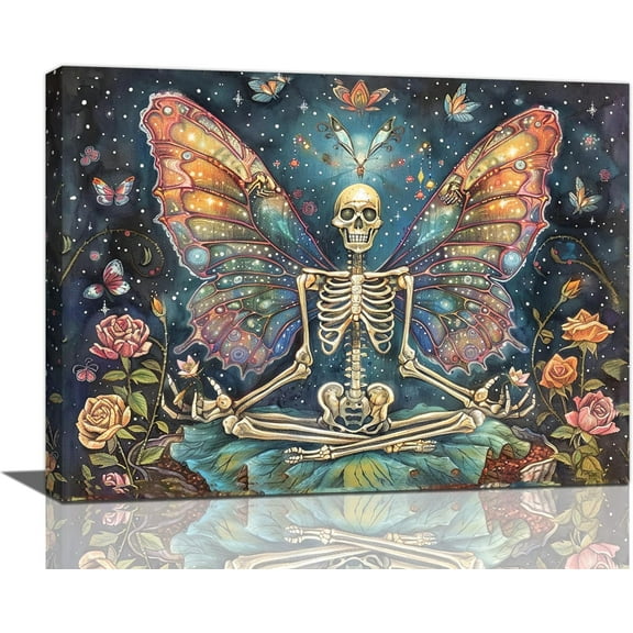 Aaheei Skeleton Wall Art Skull Butterfly Dark Spooky Pictures Wall Decor Gothic Horror Canvas Painting Home Modern Artwork Decorations for Bathroom Living Room Bedroom Office