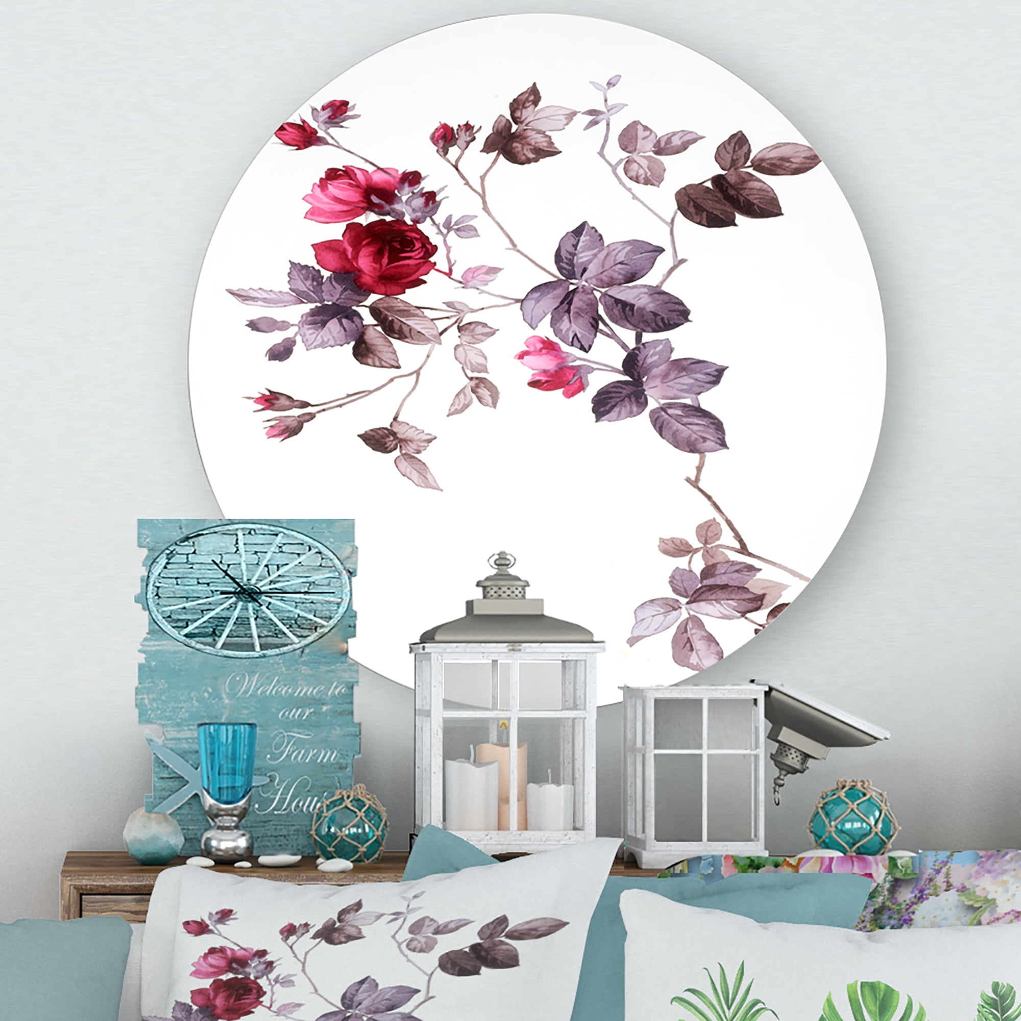 Designart 'Purple Wildflowers On White II' Traditional Circle Metal Wall Art 11x11 - Disc of 11