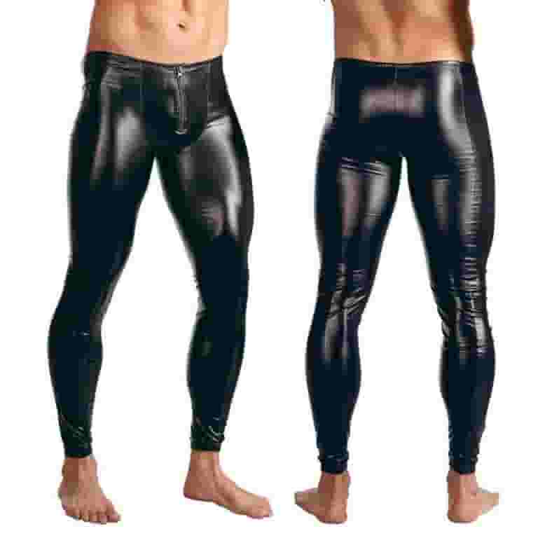 Unieke slim fit PU-lederen herenbroek ontworpen met zakje met Unieke slim fit PU-lederen herenbroek ontworpen met zakje met