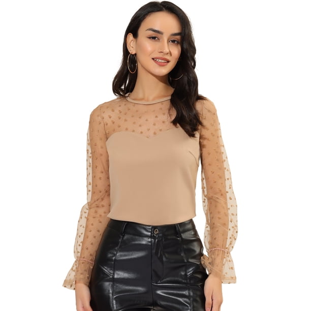 INSPIRE CHIC blusa de malla semi transparente con cuello redondo y lunares para mujer Caqui M