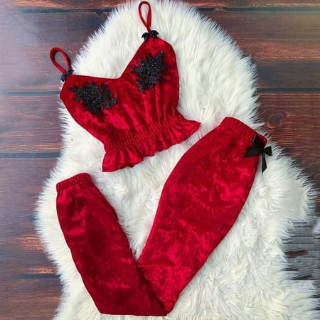 

pxiakgy intimates for women women vneck eyelash beaded stain camisole pajamas bowknot pants set red + m