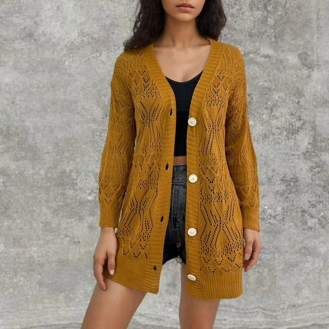 WRKEKC Openwork V Neck Kimono Cardigan Long Sleeve Mid-Length Button Down Cover Up Blouse for Women Spring Fall Lounge Wear Yellow L