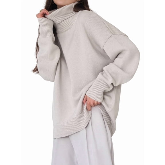 Women'S Sweater Fall Winter Chunky Knitted Pullover Ribbing Hem Trendy Basic Jumper Top Light Gray L