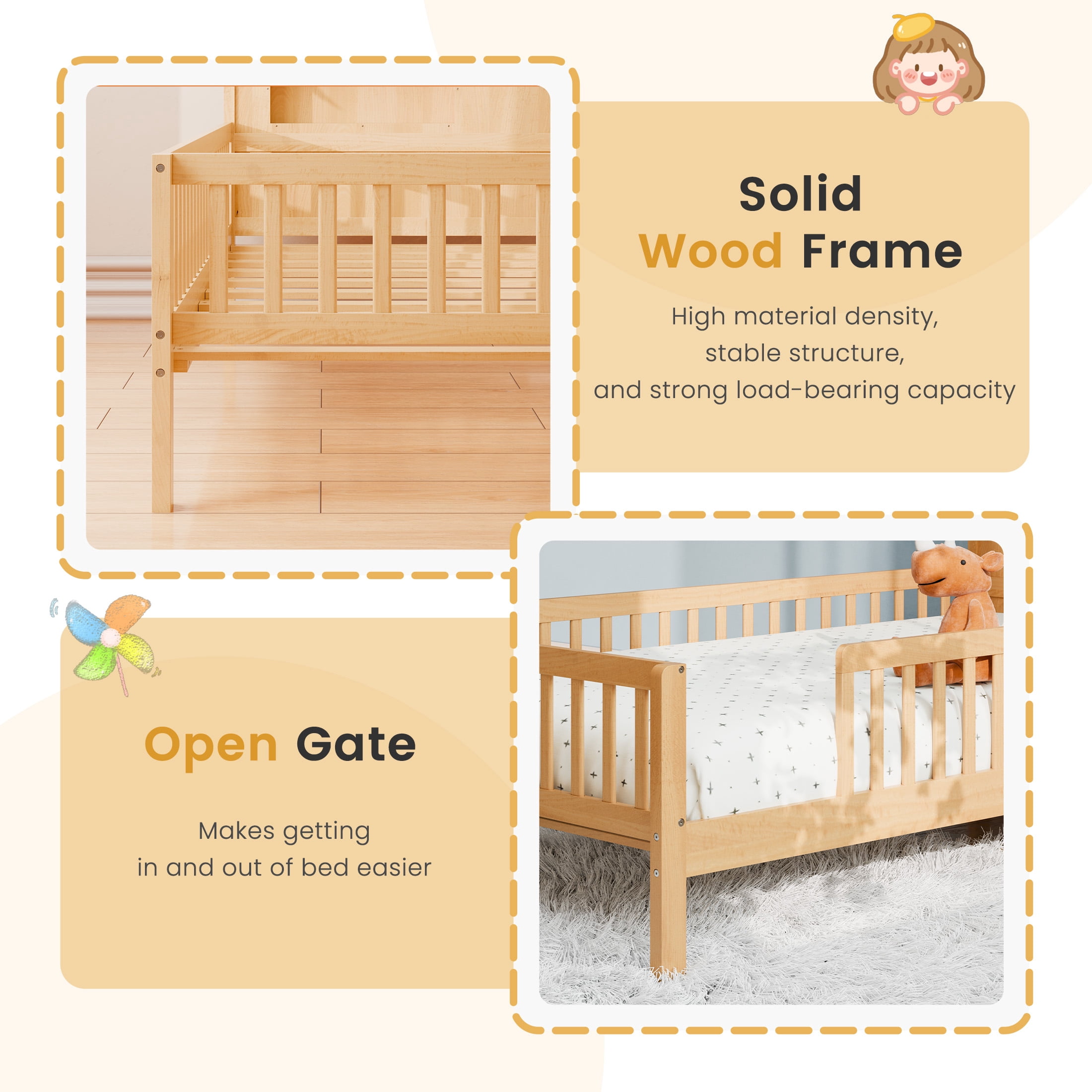 edx Twin Bed Frame with Rails & Storage, Solid Wood Platform Bed with Safety Guardrails & House Headboard, Slat Support, No Box Spring Needed, Natural