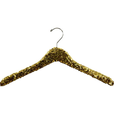 International Hanger Curved Gold Sequined Solid Wood Top Hanger, 360-Degree Swivel Hook, Decorative Sequin Covered Wooden Hanger for Shirts, Jackets, Dresses, Bridal - 6 Pack