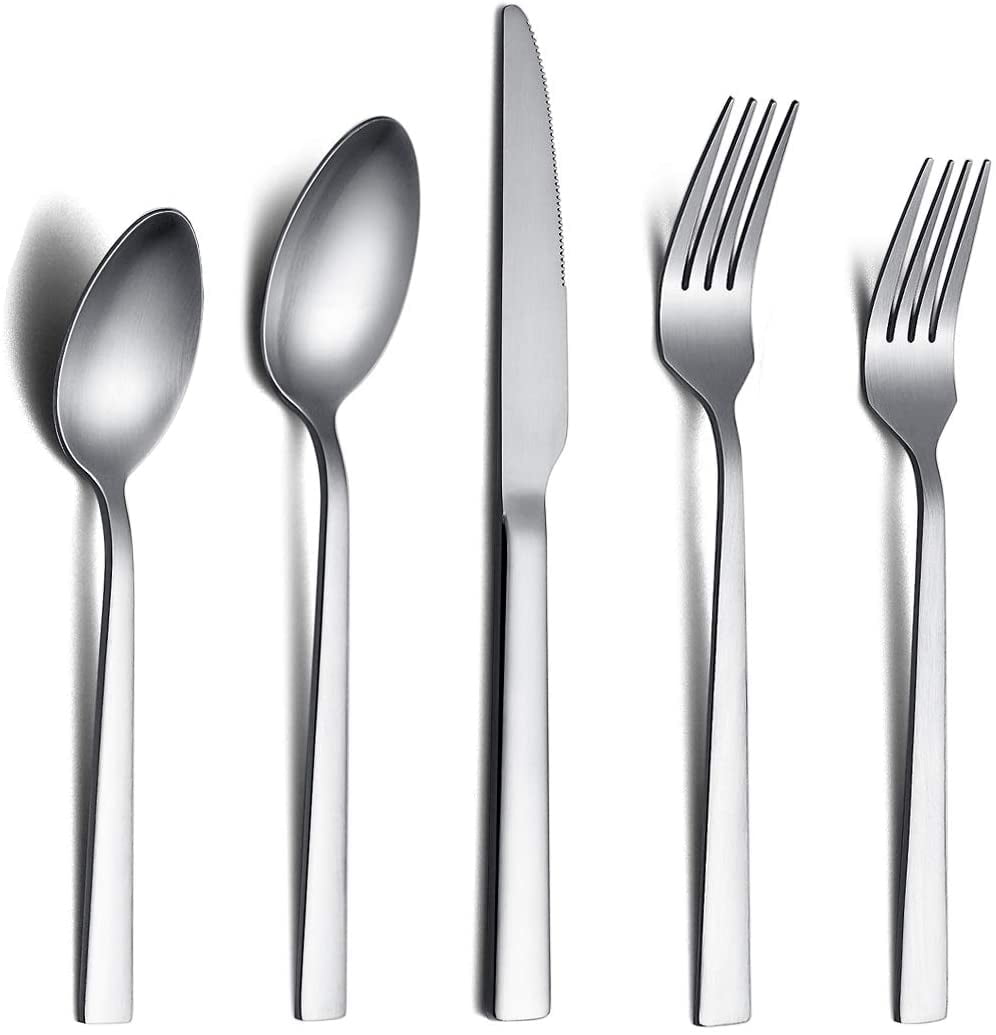 Brushed Silverware Set 20 Piece, Stainless Steel Matte Flatware Set Dishwasher Safe, Heavy Duty