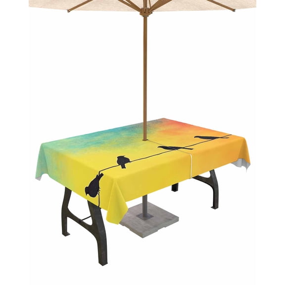 Outdoor Tablecloth with Umbrella Hole & Zipper, Bird Line Abstract Rectangle Tablecloth 52x70 Inch, Orange Blue Ombre Silhouette Patio Table Cover Waterproof Table Cloth for Picnic/Party