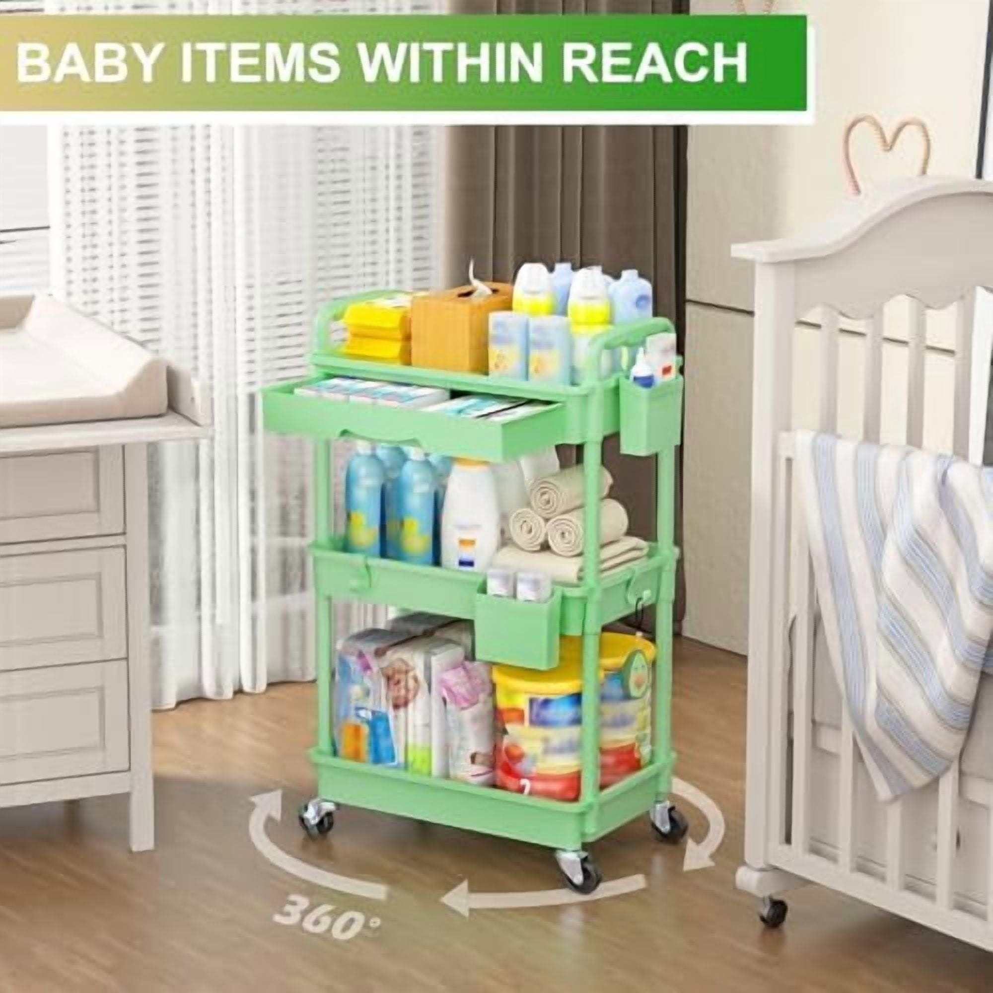 3 Tier Rolling Utility Cart Organizer with Removable Drawer, Stable and Sturdy Green Rolling Storage Carts with 2 Lockable Wheels for Bathroom, Kitchen, Snack, Craft, Makeup, Baby Essentials