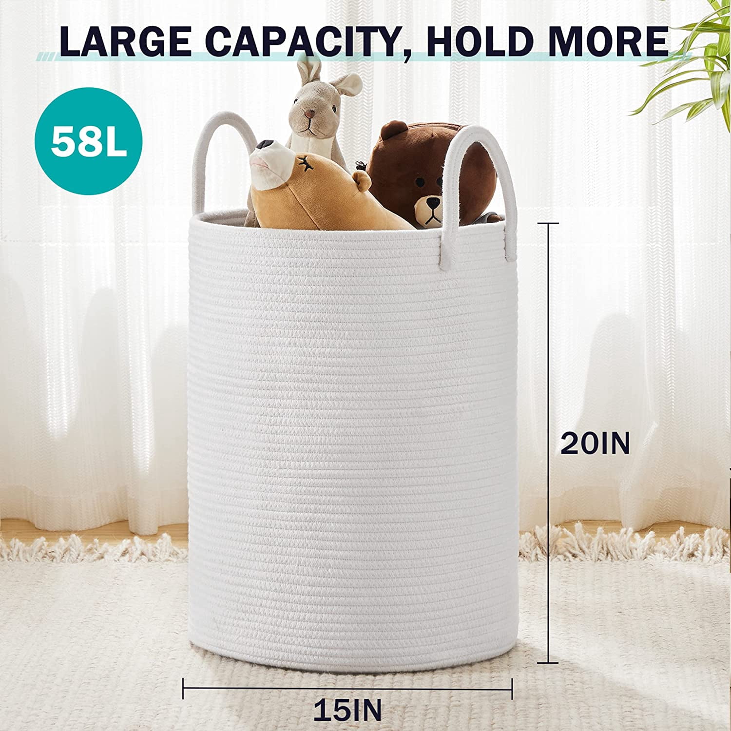 Jute Rope Laundry Hamper Basket , 58L Tall Laundry Basket, Baby Nursery Hamper for Blanket Storage for Bedroom-Large-Jute