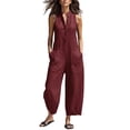 thumbnail image 2 of Linen Jumpsuits for Women Sleeveless Loose Wide Leg Long Pants V Neck Button Down Jumpsuits with Pockets, S, 2 of 4