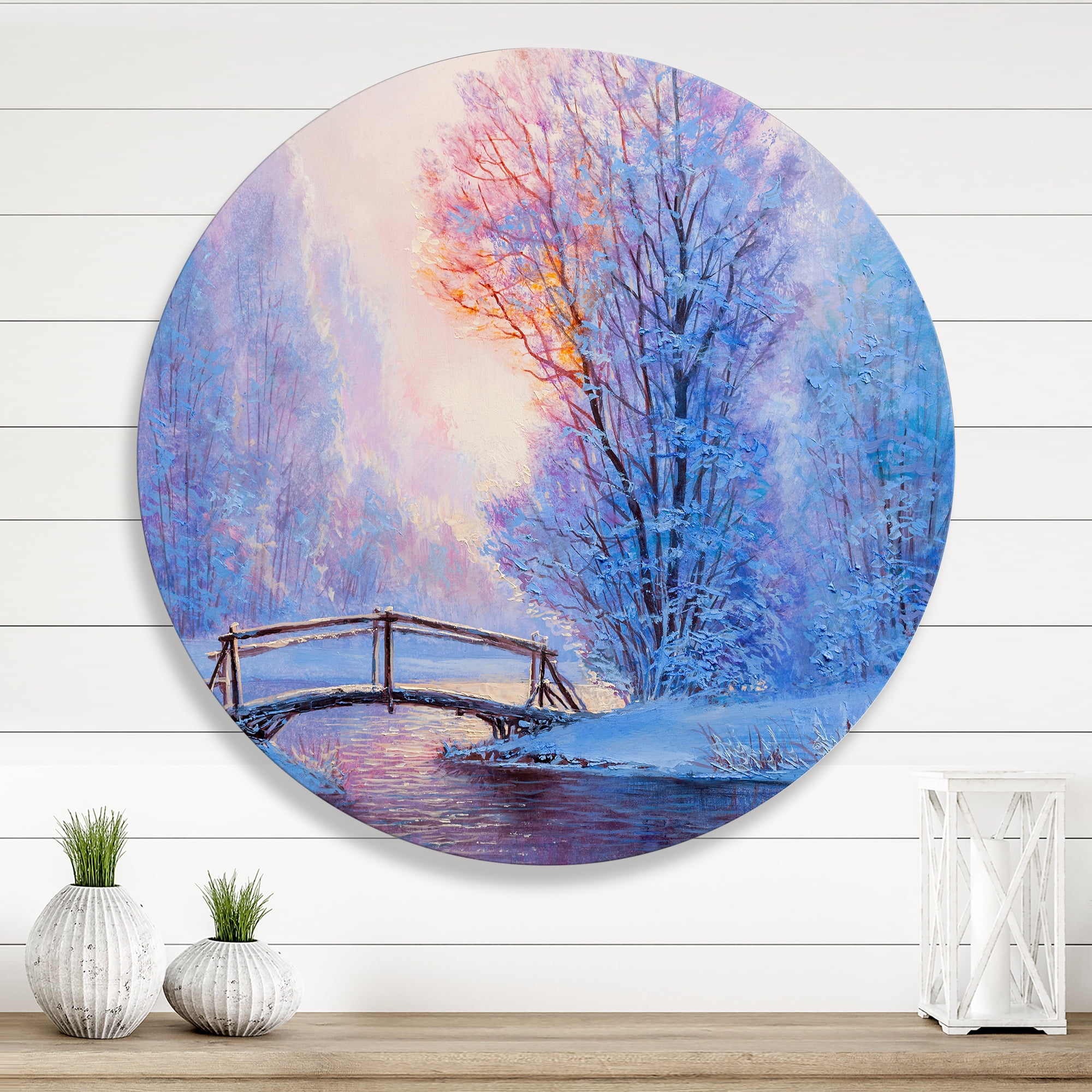 Designart 'Winter Landscape With A Bridge and A River' Lake House Circle Metal Wall Art 23x23 - Disc of 23