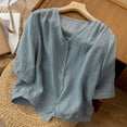thumbnail image 4 of VEKDONE 3/4 Sleeve Linen Tshirts for Women Mexican Cropped Blouse Summer Button V-Neck Tunics Tops Solid Color Plus Size Thin Shirts Deals Of The Day, 4 of 5