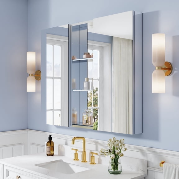 ANGELES HOME 44" x 36" Tri-View Mirror Medicine Cabinet and Open Shelf Set, Recessed or Surface Mount Bathroom Mirror Cabinet with Soft-Close Door