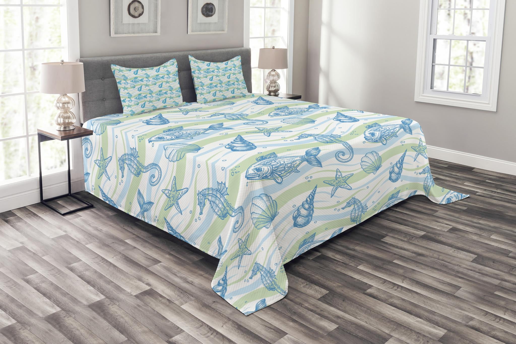 Nautical Bedspread Set King Size, Marine Ocean Shell Starfish Oyster
