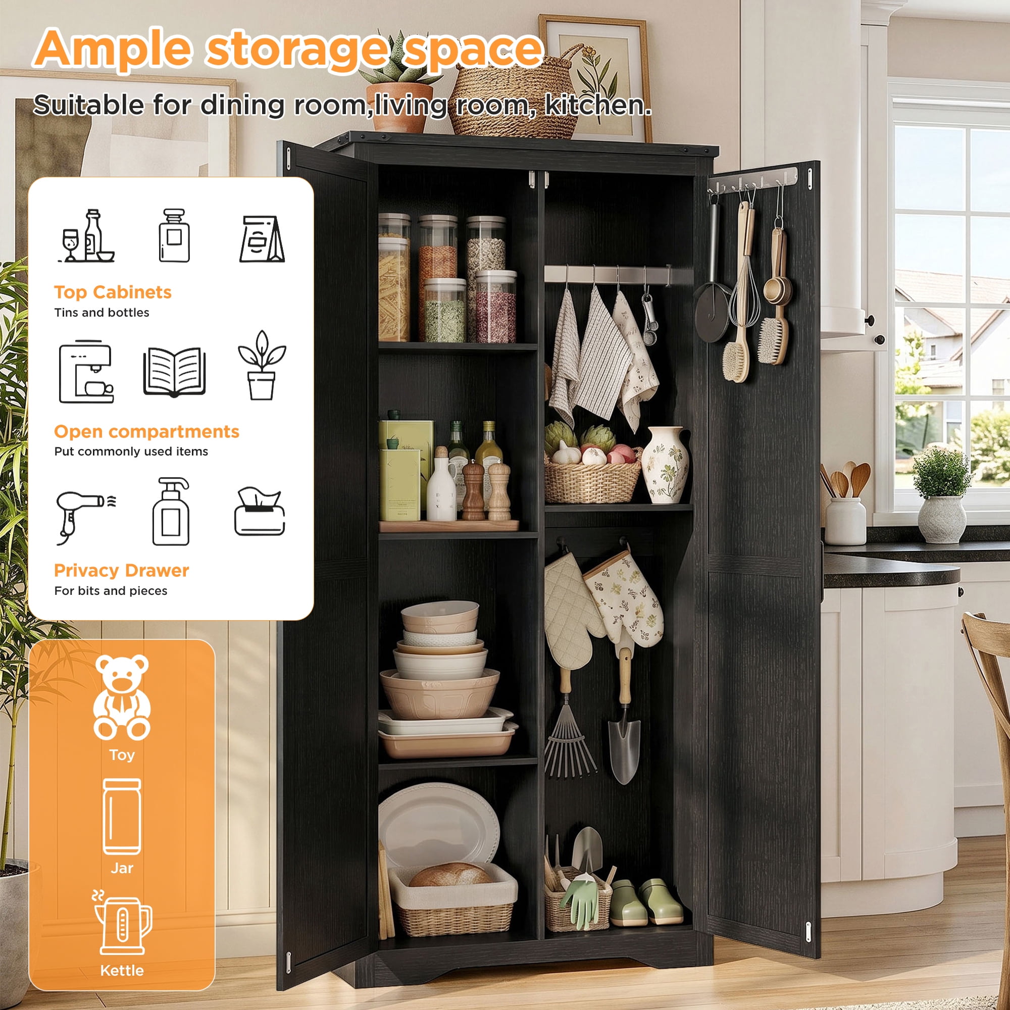 72"H Farmhouse Storage Cabinet with Adjustable Shelves, Large Pantry Organize with 2 Barn Doors, Tall Freestanding Cabinet for Kitchen, Bathroom/Garage/Basement/Living/Utility Room