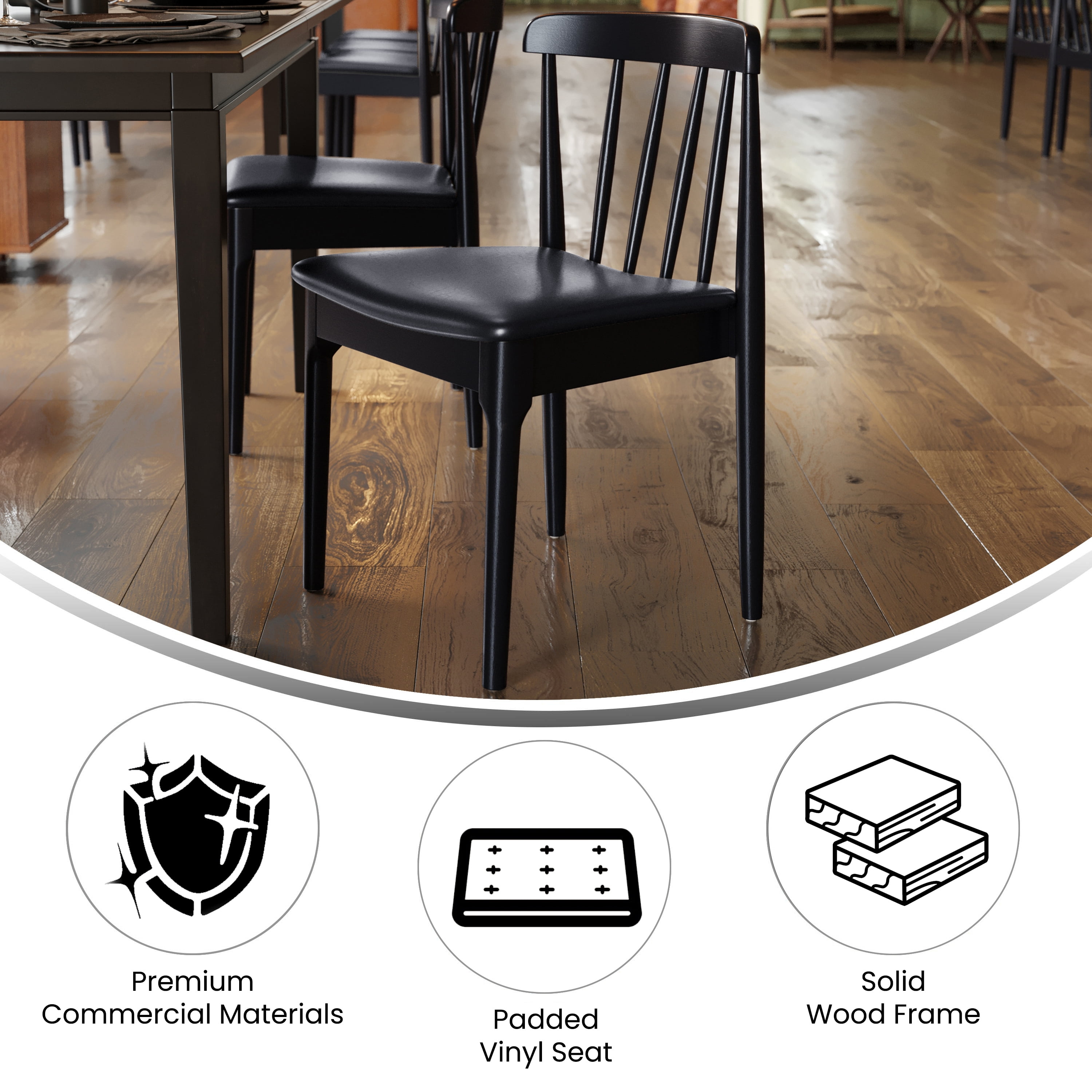 Emma + Oliver Set of 2 Solid Wood Dining Chairs with Spindle Backrests and Vinyl Seats, Black/Black