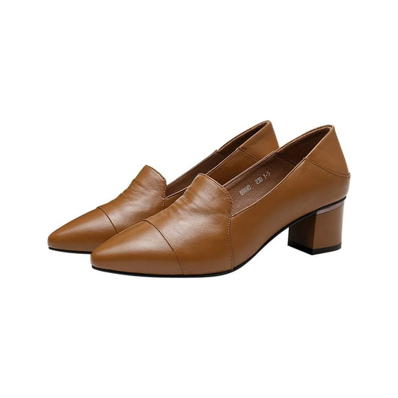 LOVZFMLL Women's Pumps Classic Low Chunky Block Heels Pointed Toe Patent Dress Shoes for Casual Business Office Platform Loafers Brown 7.5