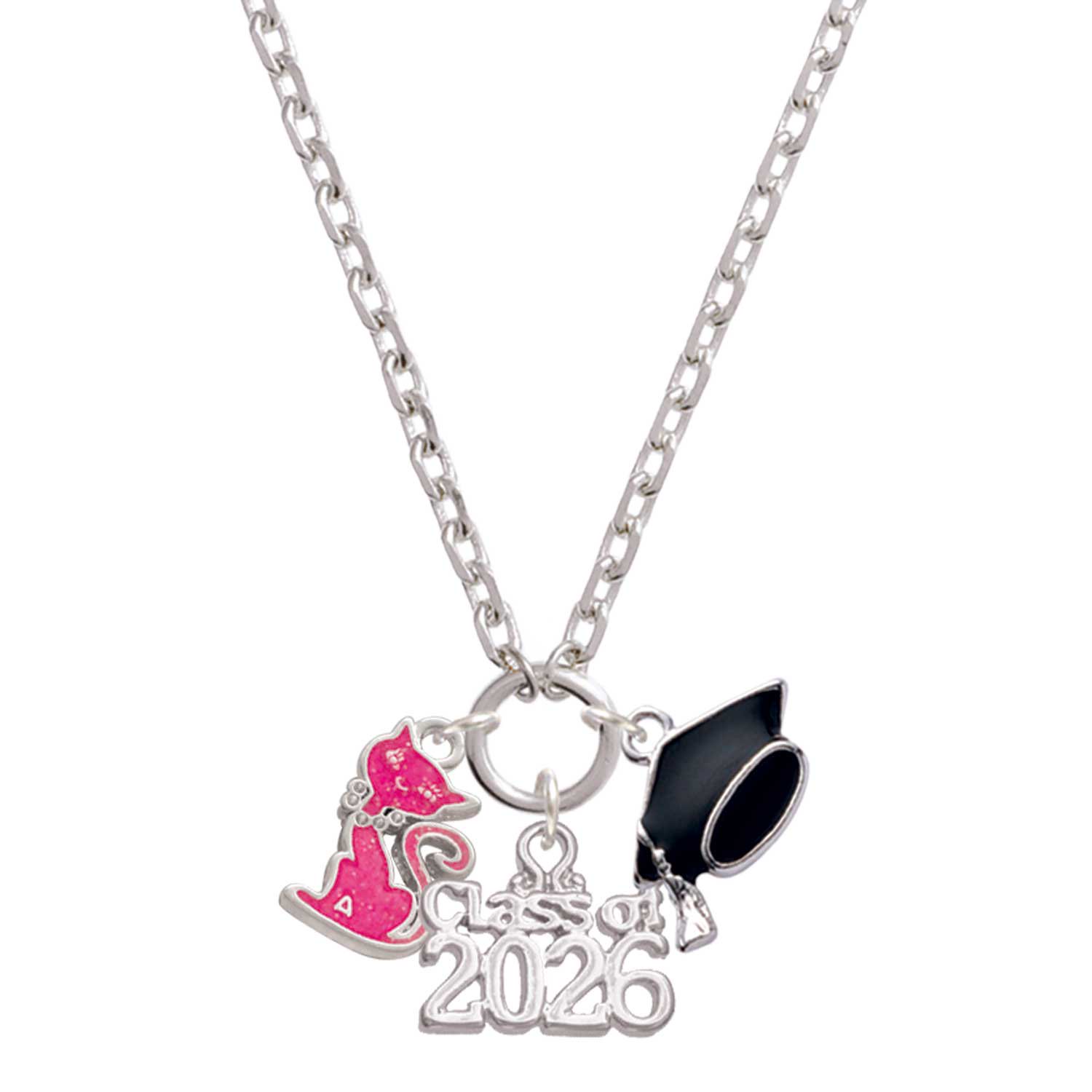 Delight Jewelry Silver-tone Hot Pink Glitter Cat - Class of 2026 Graduation Zoey Charm Necklace, 28"
