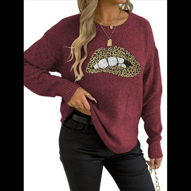 Suéter de Cuello Redondo Personalizado con Estampado de Leopardo y Labios Bordados para Mujer Vino Tinto M