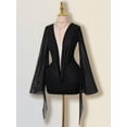 thumbnail image 3 of Black Deep V-Neck Long Bell Sleeve Sheer Mesh Backless Mini Dress For, 3 of 11