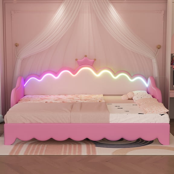 Twin Extending Daybed with LED Lights, Modern Upholstered Princess Daybed With Crown Headboard,Pink