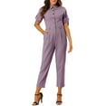 thumbnail image 2 of INSPIRE CHIC Women's Jumpsuit Short Sleeve Collared Button Down Tie Waist Cotton Cargo Jumpsuit XL Dusty Purple, 2 of 7
